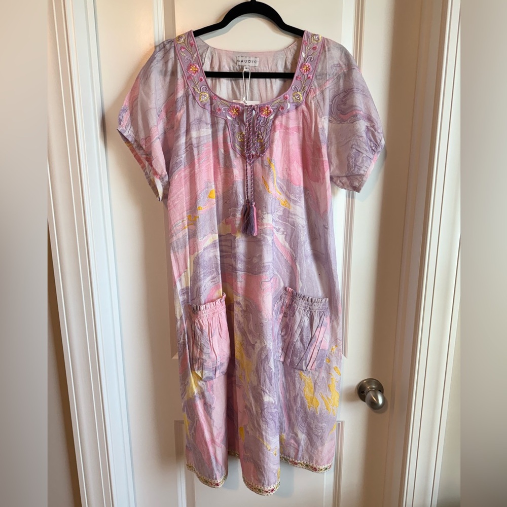NWT Naudic Marble Tie-Dye Embroidered Pink and Purple Dress